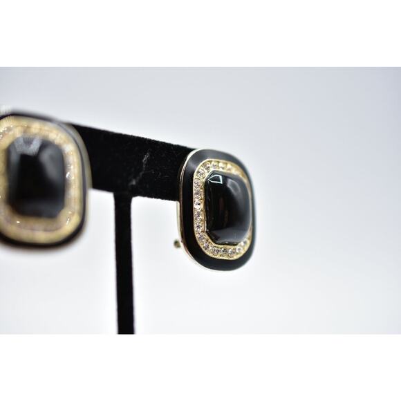 Vintage Earrings Sparkling Rhinestone Crystal Statement Black Enamel Thick Bin8 - Picture 3 of 10